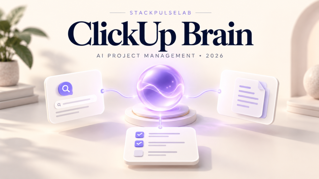ClickUp Brain in 2026: a conceptual AI hub connects workspace search, project checklists, and writing tools.