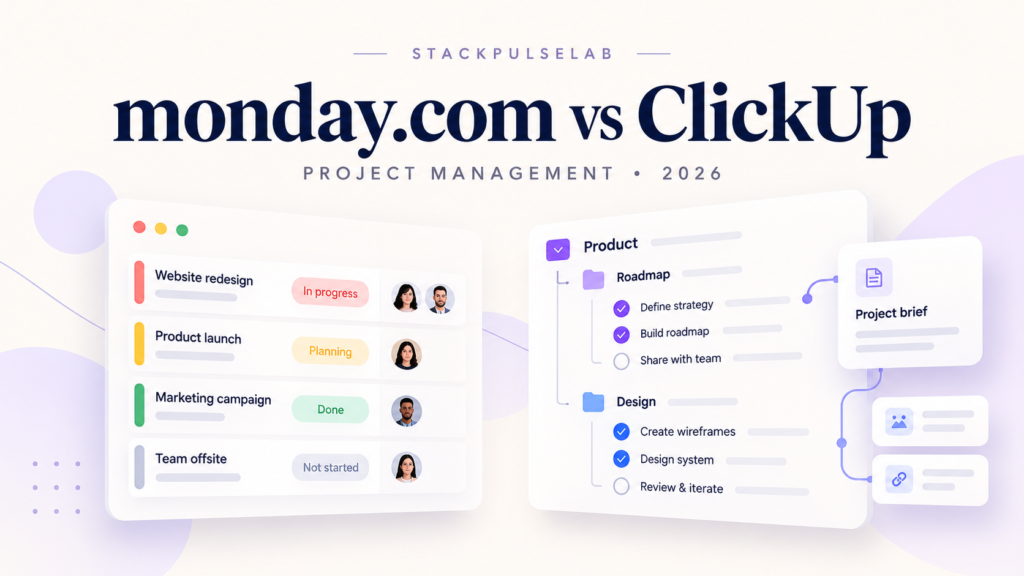 Monday.com vs ClickUp project management comparison for 2026, illustrated with colorful workflow boards and task hierarchies.